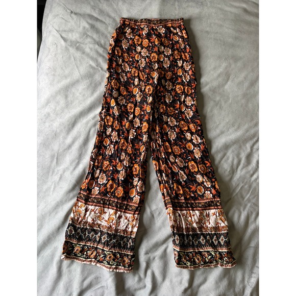 SHEIN Womens Boho Floral Wide Leg Pants Orange Black High Waist Small - Picture 2 of 3